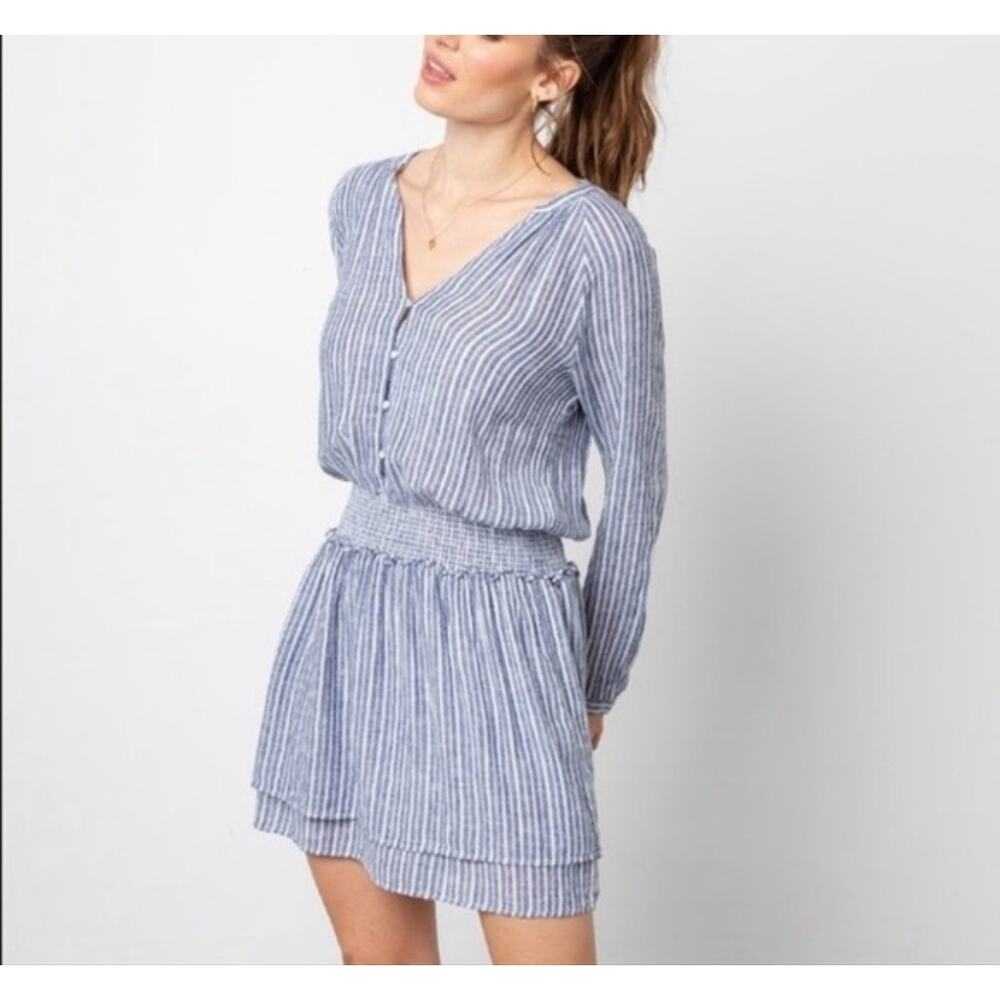 Rails Jasmine Long Sleeve‎ Blue and White Tibet Striped Linen Dress, Sz M